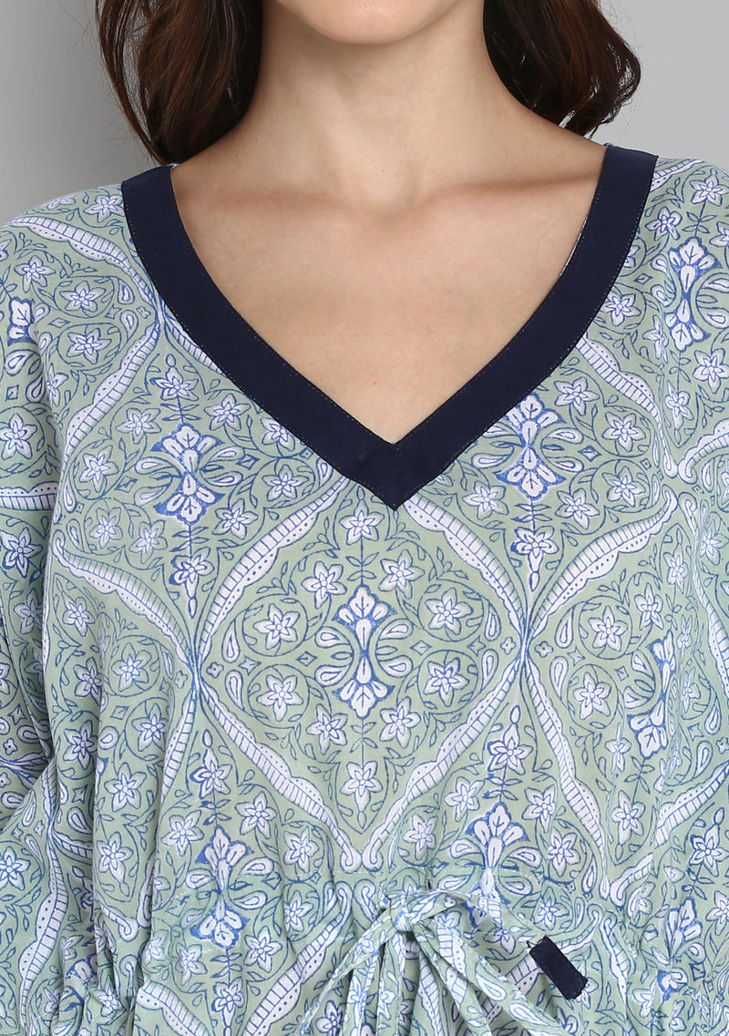 Soft Green Hand Block Mughal Printed Floral Short Kaftan with White Pyjamas - unidra.myshopify.com