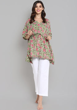 Lime Green Pink Hand Block Printed Floral Short Kaftan with White Pyjamas - unidra.myshopify.com