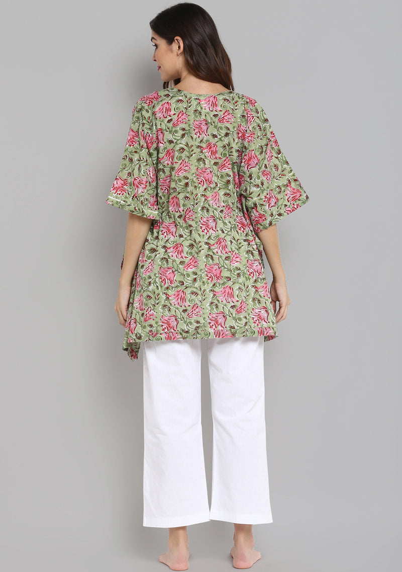 Lime Green Pink Hand Block Printed Floral Short Kaftan with White Pyjamas - unidra.myshopify.com