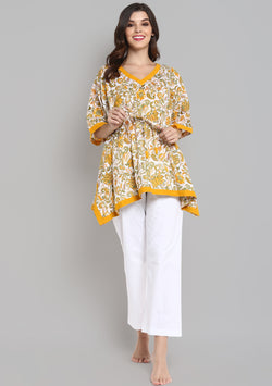 White Yellow Hand Block Printed Floral Short Kaftan with White Pyjamas - unidra.myshopify.com