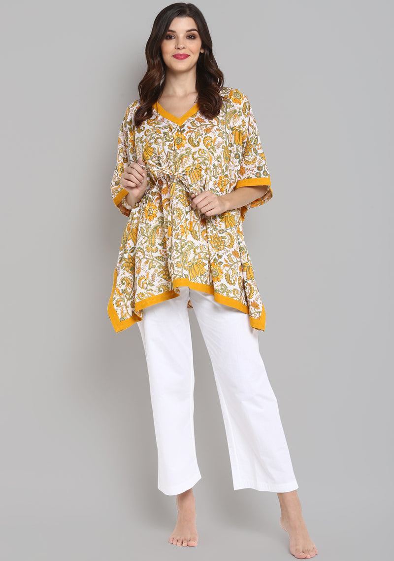 White Yellow Hand Block Printed Floral Short Kaftan with White Pyjamas - unidra.myshopify.com