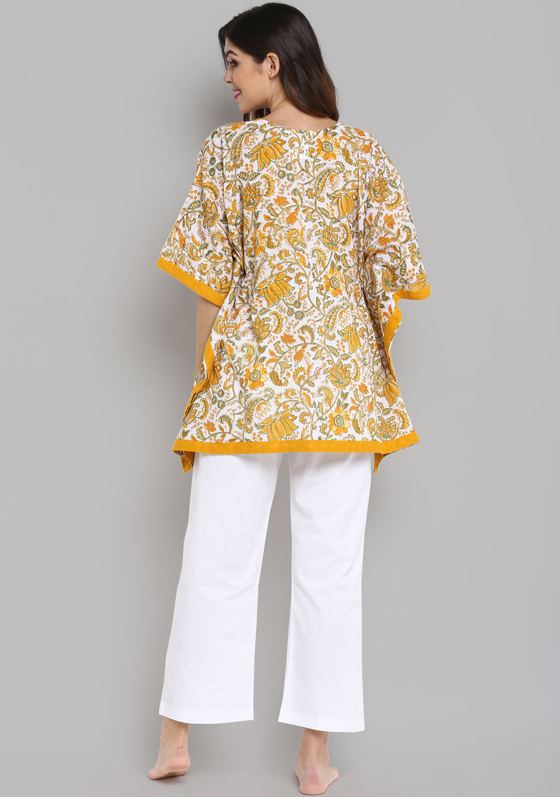 White Yellow Hand Block Printed Floral Short Kaftan Tunic - unidra.myshopify.com