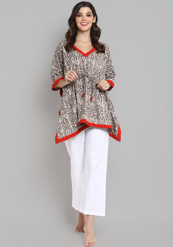 Beige Red Hand Block Printed Floral Short Kaftan with White Pyjamas - unidra.myshopify.com