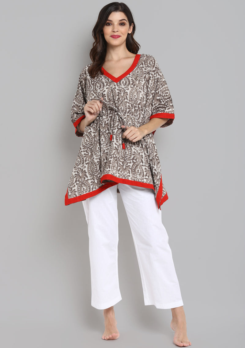 Beige Red Hand Block Printed Floral Short Kaftan with White Pyjamas - unidra.myshopify.com