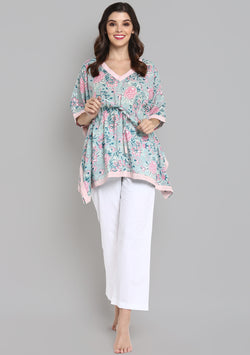 Aqua Pink Hand Block Printed Floral Short Kaftan with White Pyjamas - unidra.myshopify.com
