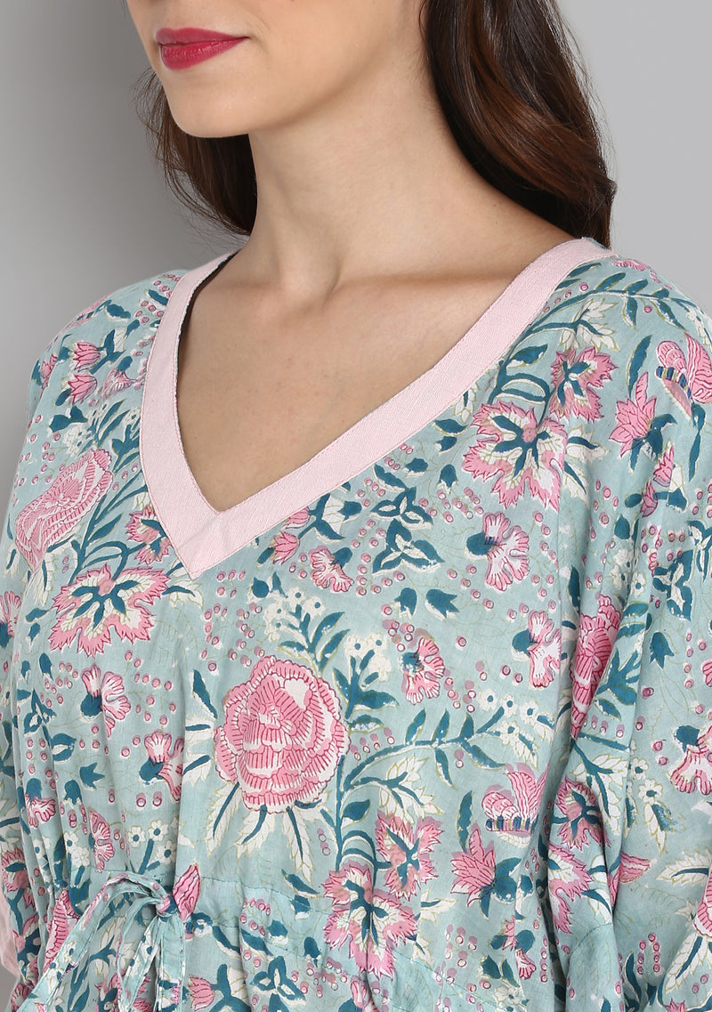 Aqua Pink Hand Block Printed Floral Short Kaftan with White Pyjamas - unidra.myshopify.com