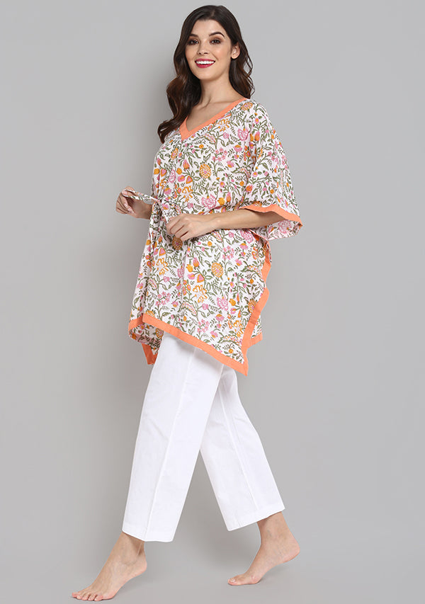 Peach Green Hand Block Printed Floral Short Kaftan with White Pyjamas - unidra.myshopify.com