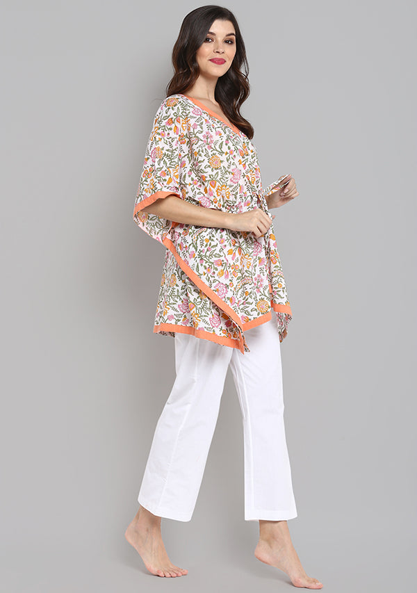 Peach Green Hand Block Printed Floral Short Kaftan with White Pyjamas - unidra.myshopify.com