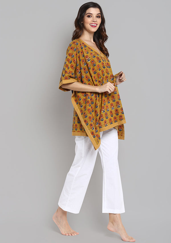 Mustard Orange Hand Block Printed Floral Short Kaftan with White Pyjamas - unidra.myshopify.com