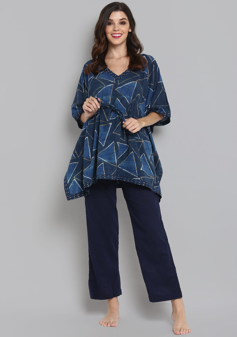 Indigo Ivory Geometric Hand Block Printed Short Kaftan with Navy Blue Pyjamas - unidra.myshopify.com