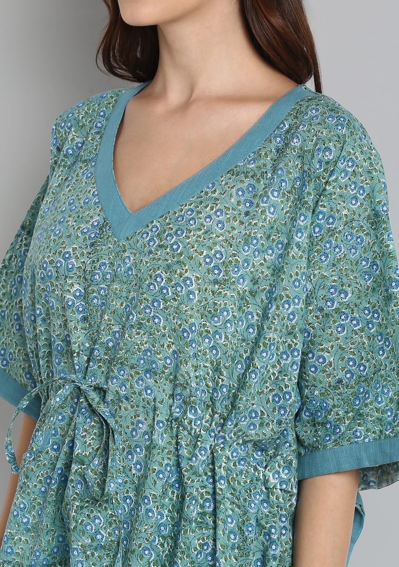 Aqua Green Hand Block Printed Floral Short Kaftan Tunic - unidra.myshopify.com
