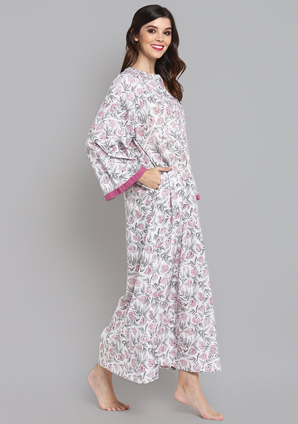 Ivory Pink Hand Block Printed Floral Cotton Night Dress with Long Sleeves and Zip Detail - unidra.myshopify.com