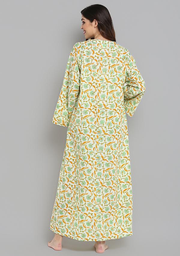 Sky Blue Mustard Hand Block Printed Floral Cotton Night Dress with Long Sleeves and Zip Detail - unidra.myshopify.com