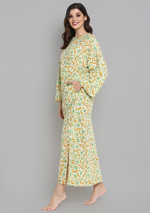 Sky Blue Mustard Hand Block Printed Floral Cotton Night Dress with Long Sleeves and Zip Detail - unidra.myshopify.com