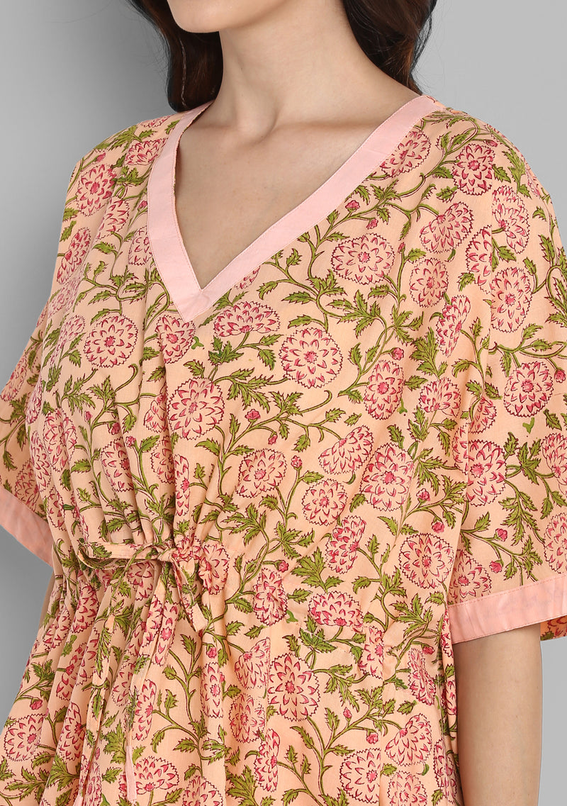 Peach Pink Hand Block Printed Floral Short Kaftan with Peach Pyjamas - unidra.myshopify.com