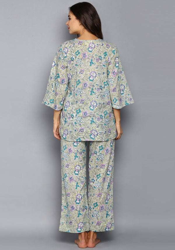 Olive Green Floral Jaal Hand Block Printed Cotton Night Suit - unidra.myshopify.com