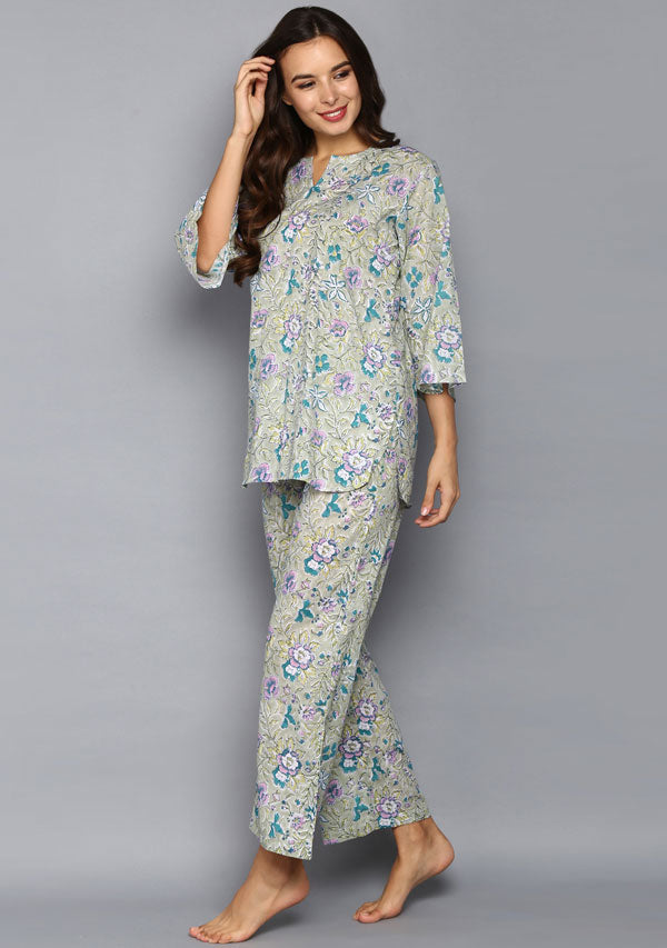 Olive Green Floral Jaal Hand Block Printed Cotton Night Suit - unidra.myshopify.com