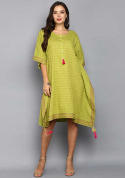 Green Pink Hand Block Printed Mid Length Cotton Kaftan - unidra.myshopify.com