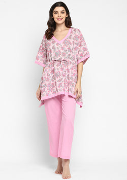Pink Blue Hand Block Printed Floral Short Kaftan Tunic - unidra.myshopify.com