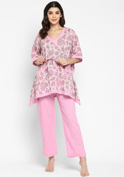 Pink Blue Hand Block Floral Printed Short Kaftan with Pyjamas - unidra.myshopify.com