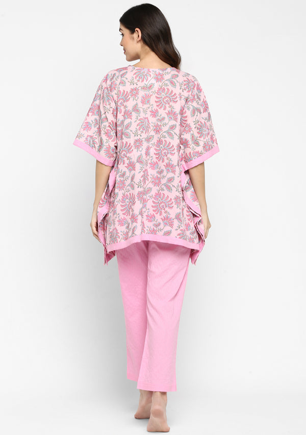 Pink Blue Hand Block Floral Printed Short Kaftan with Pyjamas - unidra.myshopify.com