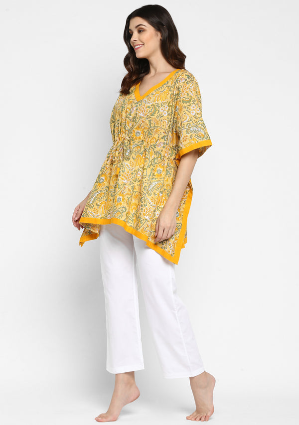 Yellow Green Hand Block Printed Floral Short Kaftan with Pyjamas - unidra.myshopify.com