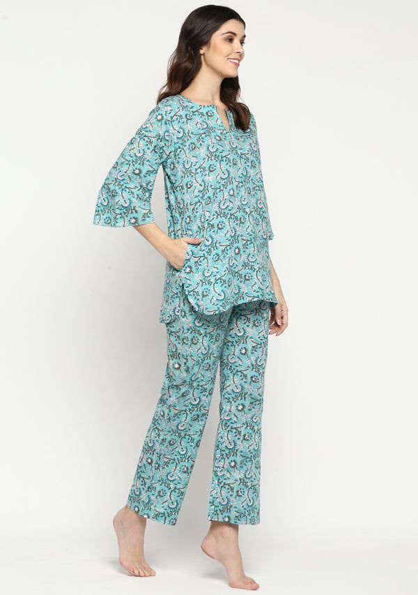 Turquoise Grey Hand Block Printed Floral Cotton Night Suit - unidra.myshopify.com
