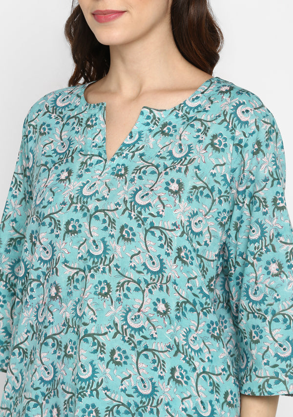 Turquoise Grey Hand Block Printed Floral Cotton Night Suit - unidra.myshopify.com
