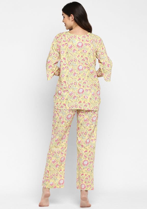 Soft Yellow Pink Hand Block Printed Floral Cotton Night Suit - unidra.myshopify.com