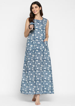 Navy Blue Hand block Printed Floral Sleeveless Long Dress with Pockets - unidra.myshopify.com