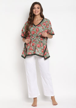 Green Red Hand Block Printed Floral Short Kaftan with White Pyjamas - unidra.myshopify.com