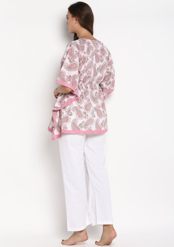 Pink Green Hand Block Printed Paisley Short Kaftan with White Pyjamas - unidra.myshopify.com