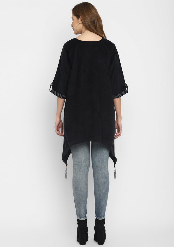 Corduroy Black Asymmetric Tunic with Contrast Stitch lines  and Tassels