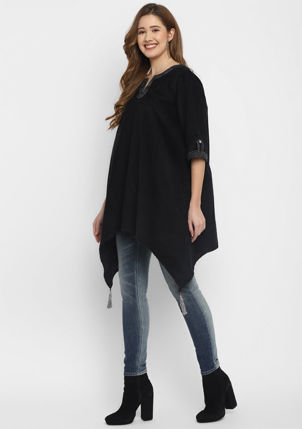 Corduroy Black Asymmetric Tunic with Contrast Stitch lines  and Tassels
