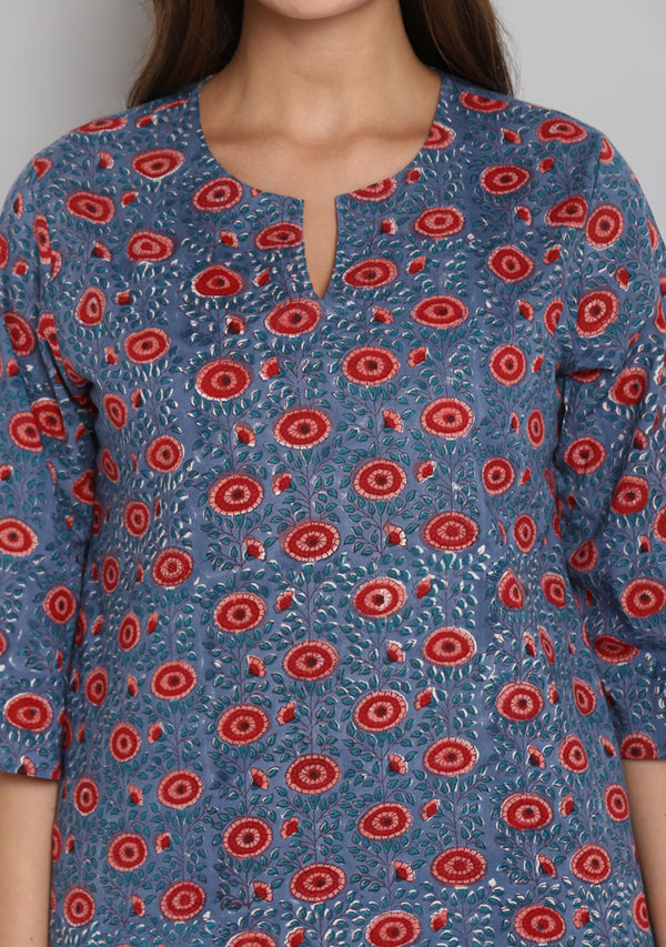Blue Red Hand Block Printed Floral Cotton Night Suit - unidra.myshopify.com
