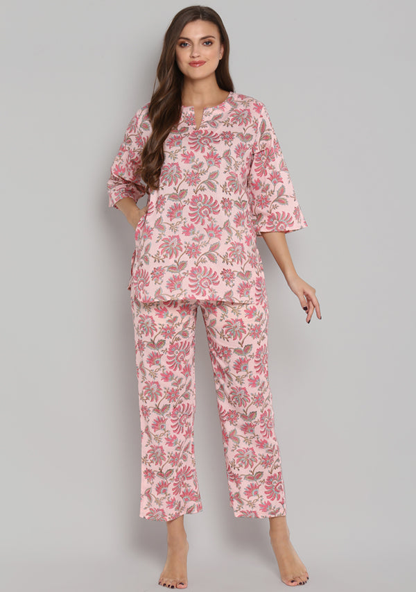 Pink Blue Hand Block Printed Floral Cotton Night Suit - unidra.myshopify.com