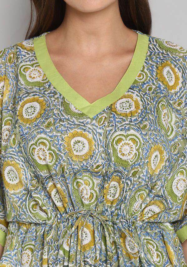 Lime Green Yellow Hand Block Printed Floral Tie-Up Waist Cotton Kaftan - unidra.myshopify.com