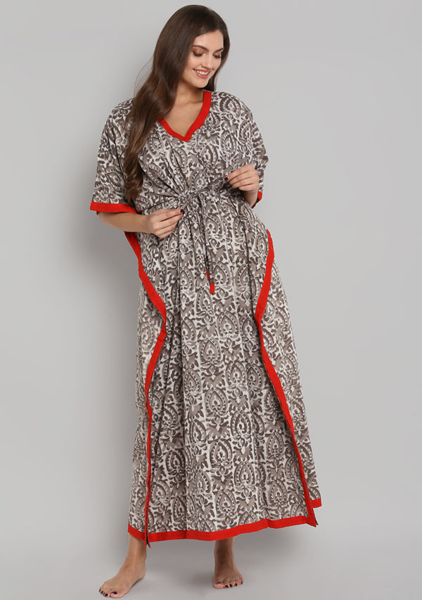 Brown Beige Hand Block Printed Floral Tie-Up Waist Cotton Kaftan With Red Trimming - unidra.myshopify.com