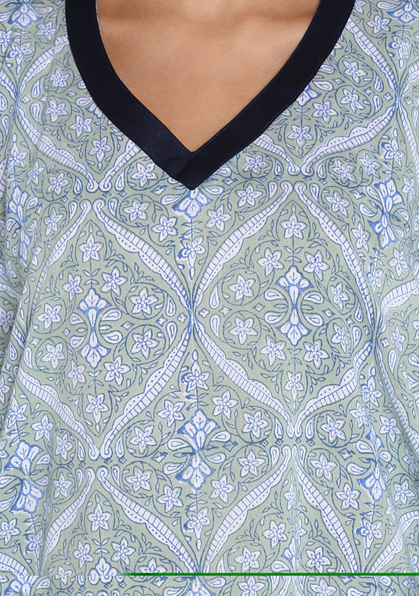 Soft Green Blue Hand Block Mughal Printed Floral V-Neck Cotton Kaftan - unidra.myshopify.com