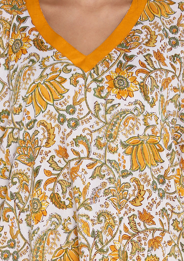 White Yellow Hand Block Printed Floral V-Neck Cotton Kaftan - unidra.myshopify.com
