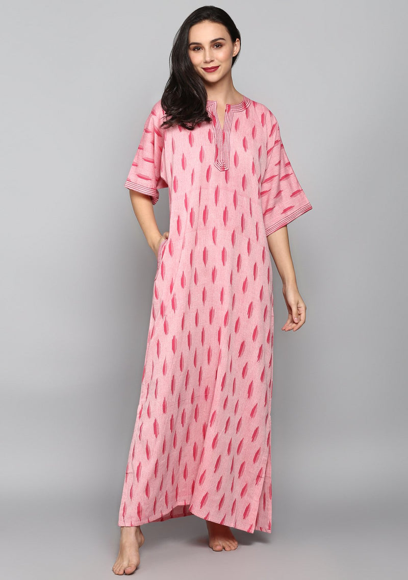 Pink Fushcia Ikat Weave Nighty Kaftan with Stitch Lines - unidra.myshopify.com