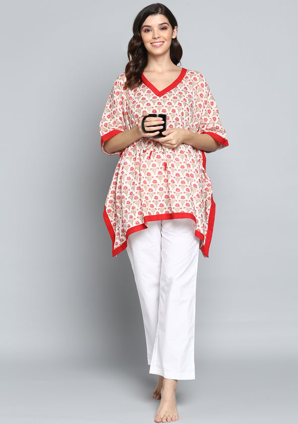 Ivory Red Hand Block Printed Flower Motif Short Kaftan with Pyjamas - unidra.myshopify.com