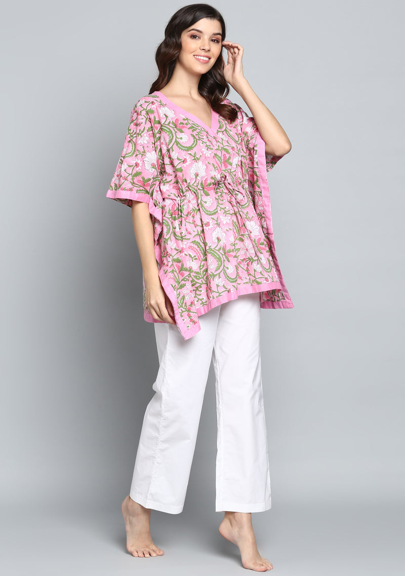 Pink Green Hand Block Printed Floral Short Kaftan with Pyjamas - unidra.myshopify.com