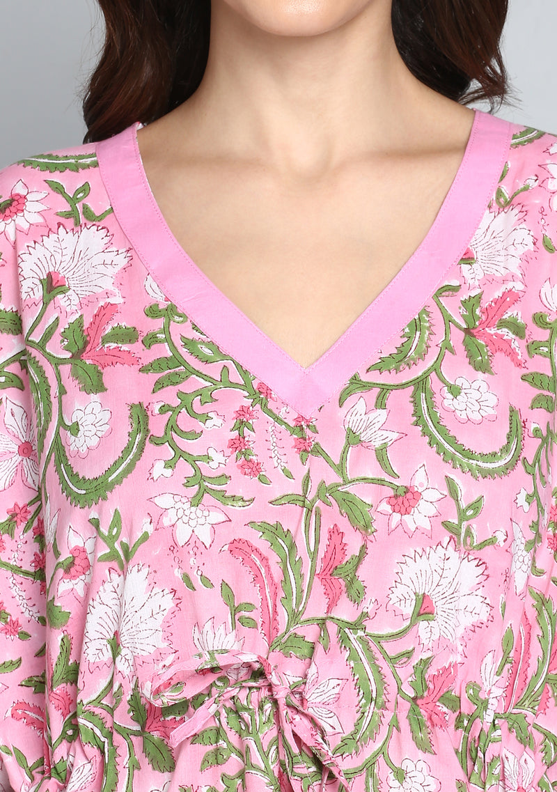 Pink Green Hand Block Printed Floral Short Kaftan Tunic - unidra.myshopify.com