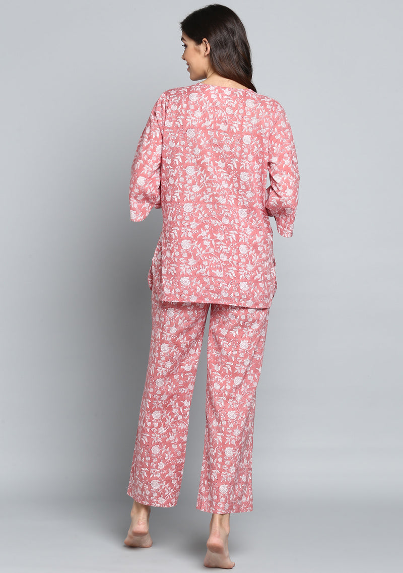 Pink Ivory Hand Block Printed Floral Cotton Night Suit - unidra.myshopify.com