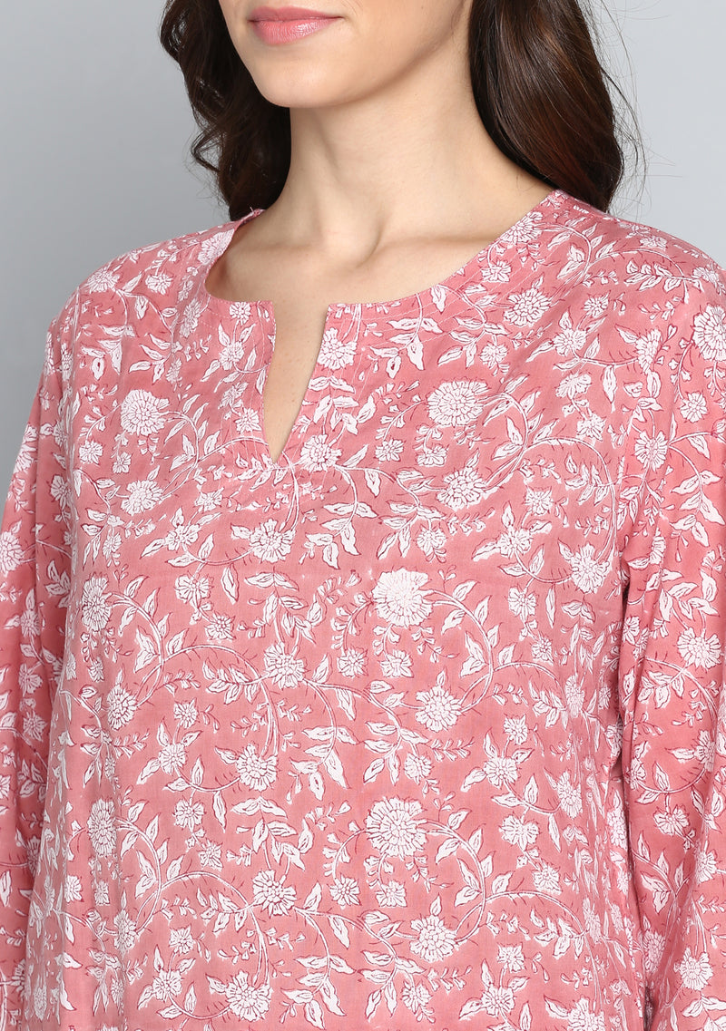 Pink Ivory Hand Block Printed Floral Cotton Night Suit - unidra.myshopify.com