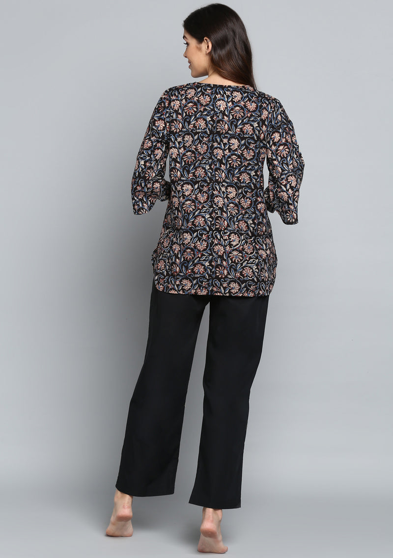 Black Rust Hand Block Printed Floral Cotton Night Suit - unidra.myshopify.com