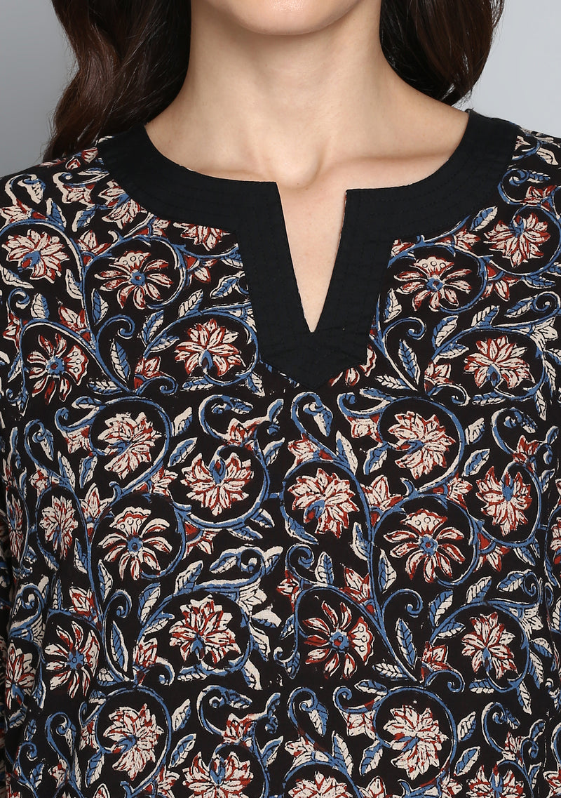 Black Rust Hand Block Printed Floral Cotton Night Suit - unidra.myshopify.com