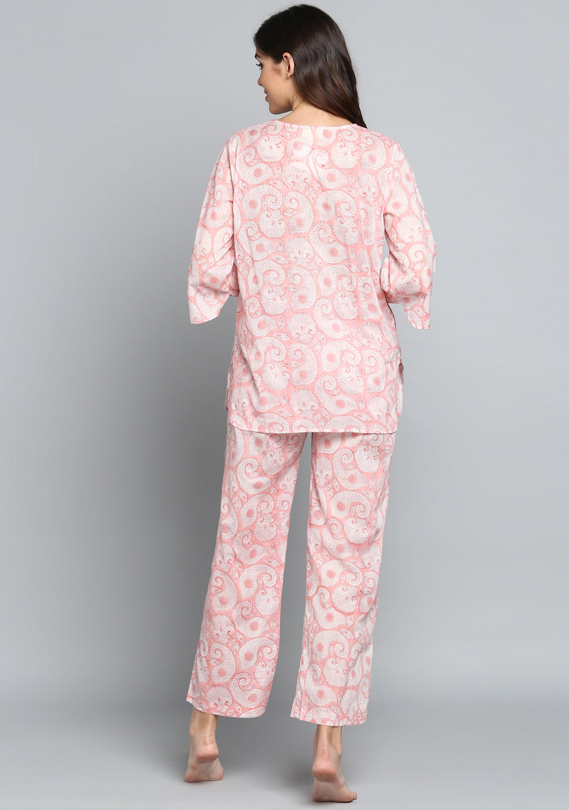 Peach Pink and White Paisley Motif Hand Block Printed Cotton Night Suit - unidra.myshopify.com