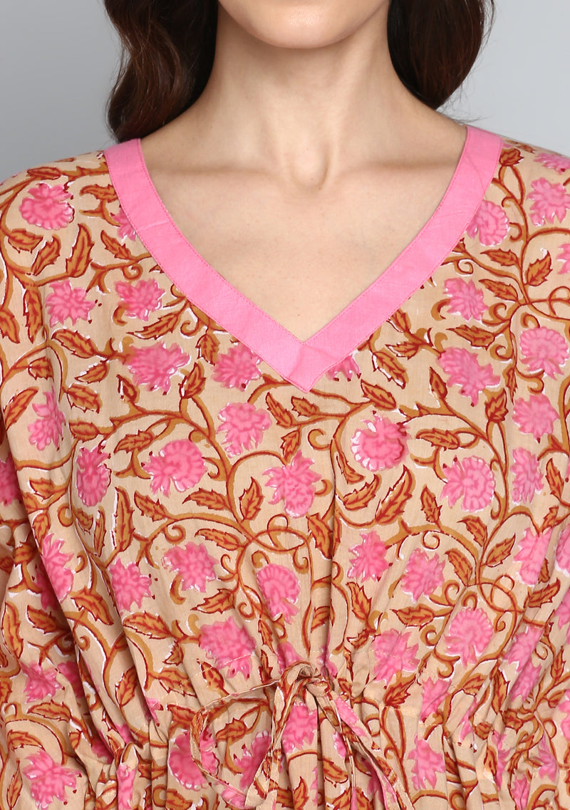 Beige Pink Hand Block Printed Floral Tie-Up Waist Cotton Kaftan - unidra.myshopify.com
